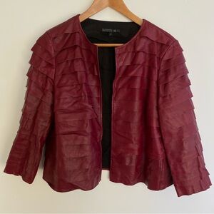 Lafayette 148 Leather Open Jacket Crop Sleeve Tiered Layered Jacket Linen Lining